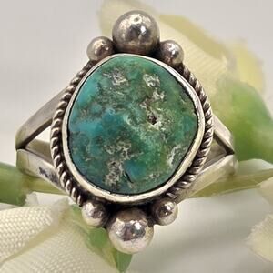 H Cortez Vintage Native American Navajo Sterling Silver Turquoise Ring Size 6.5